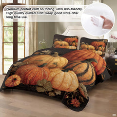 Close-up view of golden pumpkin artwork and delicate autumn vines on dark bedding.