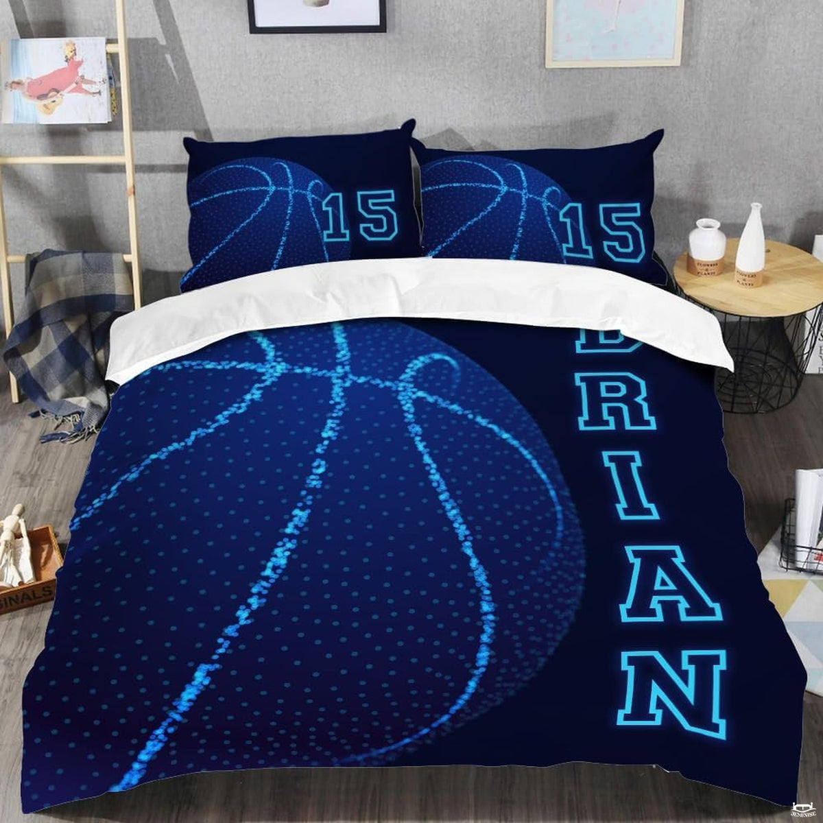 Close-up perspective of basketball bedding showing detailed luminous dots and vibrant cyan contour lines