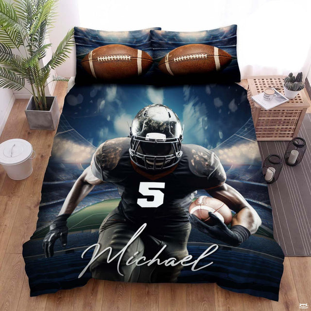 Football bedding displaying helmeted running back charging with ball under illuminated night stadium floodlights