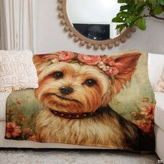 Side angle perspective highlighting sharp botanical print definition and radiant golden fur tones of the blanket