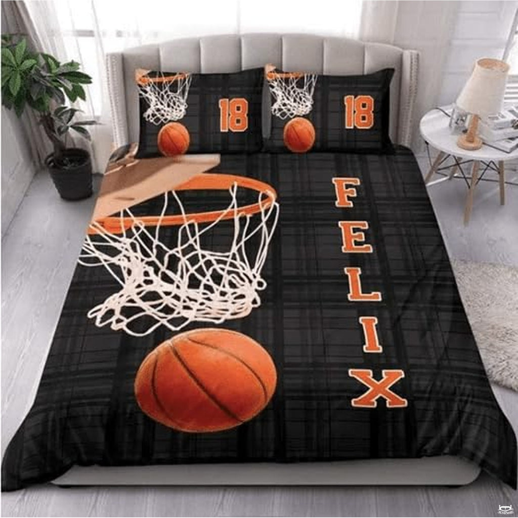Orange and black basketball hoop sports bedding set featuring dynamic basketball swish and court artwork
