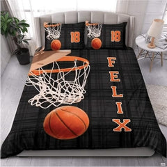 Orange and black basketball hoop sports bedding set featuring dynamic basketball swish and court artwork