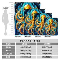 Stained glass golden octopus cathedral throw blanket view 4 detailing mosaic tiles and tentacles