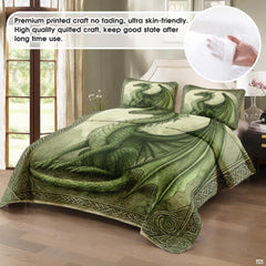 Full bedroom display of emerald Celtic dragon bedding styled with fantasy room decor accents