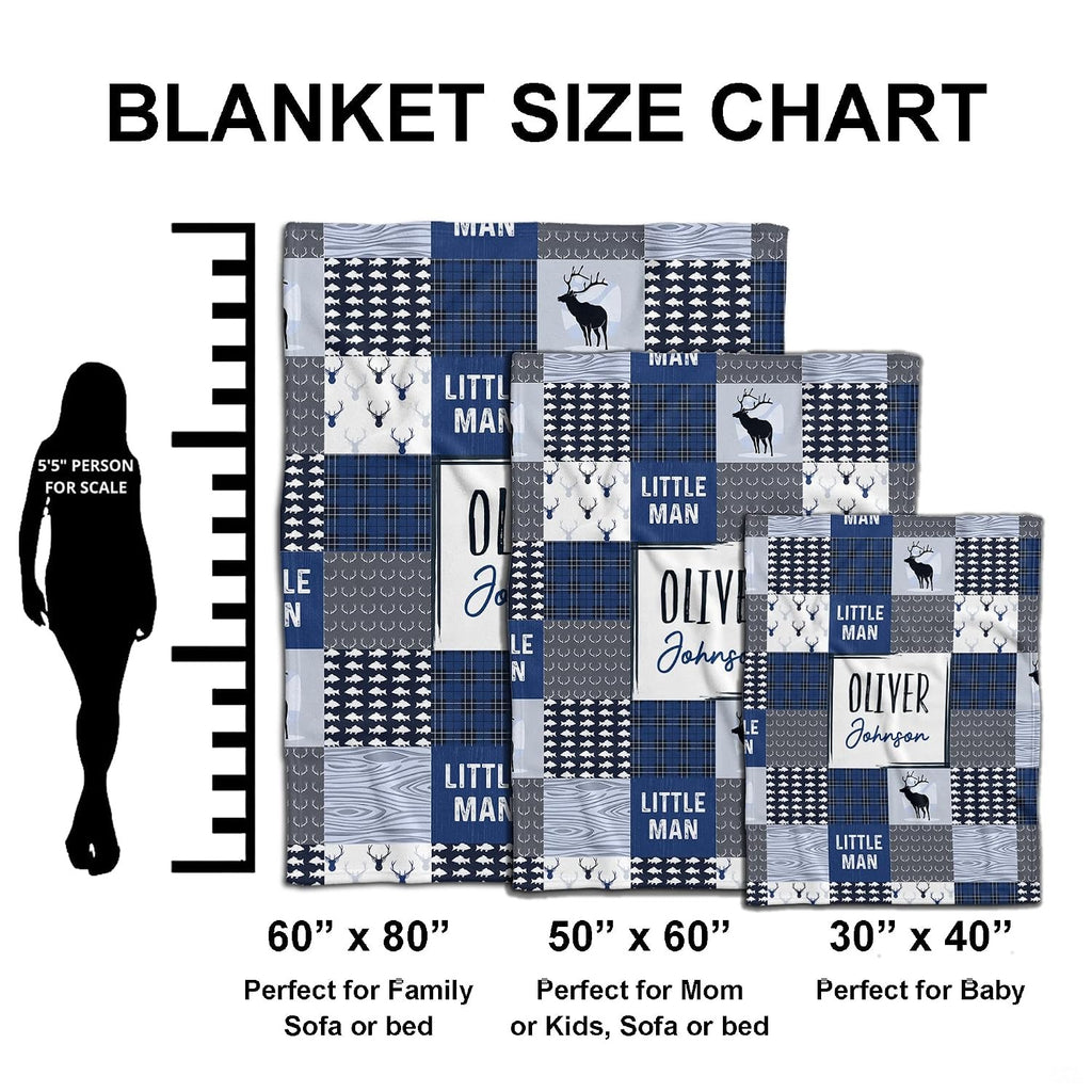 Infographic chart showing baby blanket proportions alongside female silhouette for scale