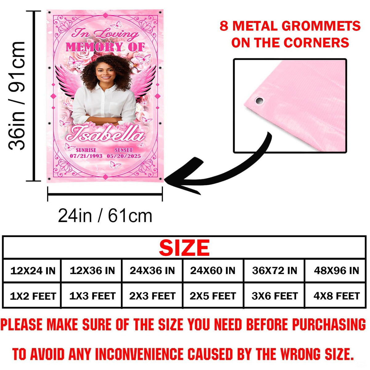 Diagram displaying corner grommet hardware placement beside proportion guide table.