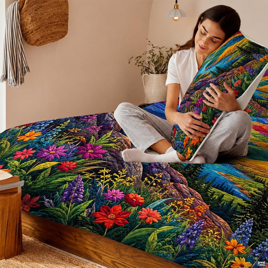 Nature-themed bedroom presentation highlighting a radiant alpine sunrise bedding set