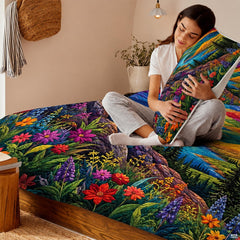 Nature-themed bedroom presentation highlighting a radiant alpine sunrise bedding set