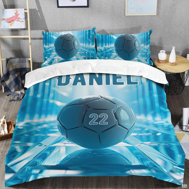 Futuristic metallic bedding set artwork highlighting glowing arena beams and deep navy hues.