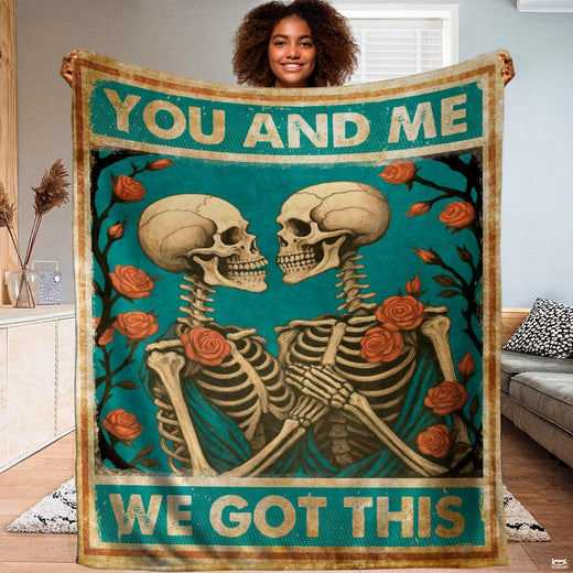 Gothic romantic bedding set displaying embrace skeleton couple and blooming orange-red roses on teal.
