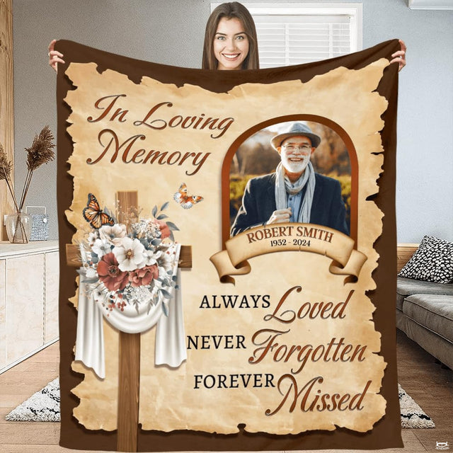 Draped cross sympathy throw blanket featuring wooden cross, butterflies, and memorial calligraphy