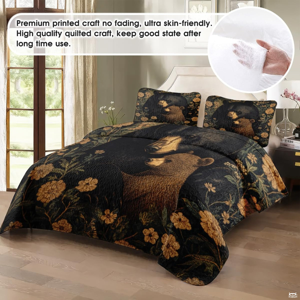 thematic accent angle perspective of bear lodge bedding displaying floral forest artwork in thematic accent brown and...