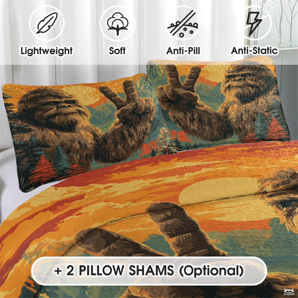 Personalized Bigfoot Peace Sign Sunset Quilt Sets, Machine Washable
