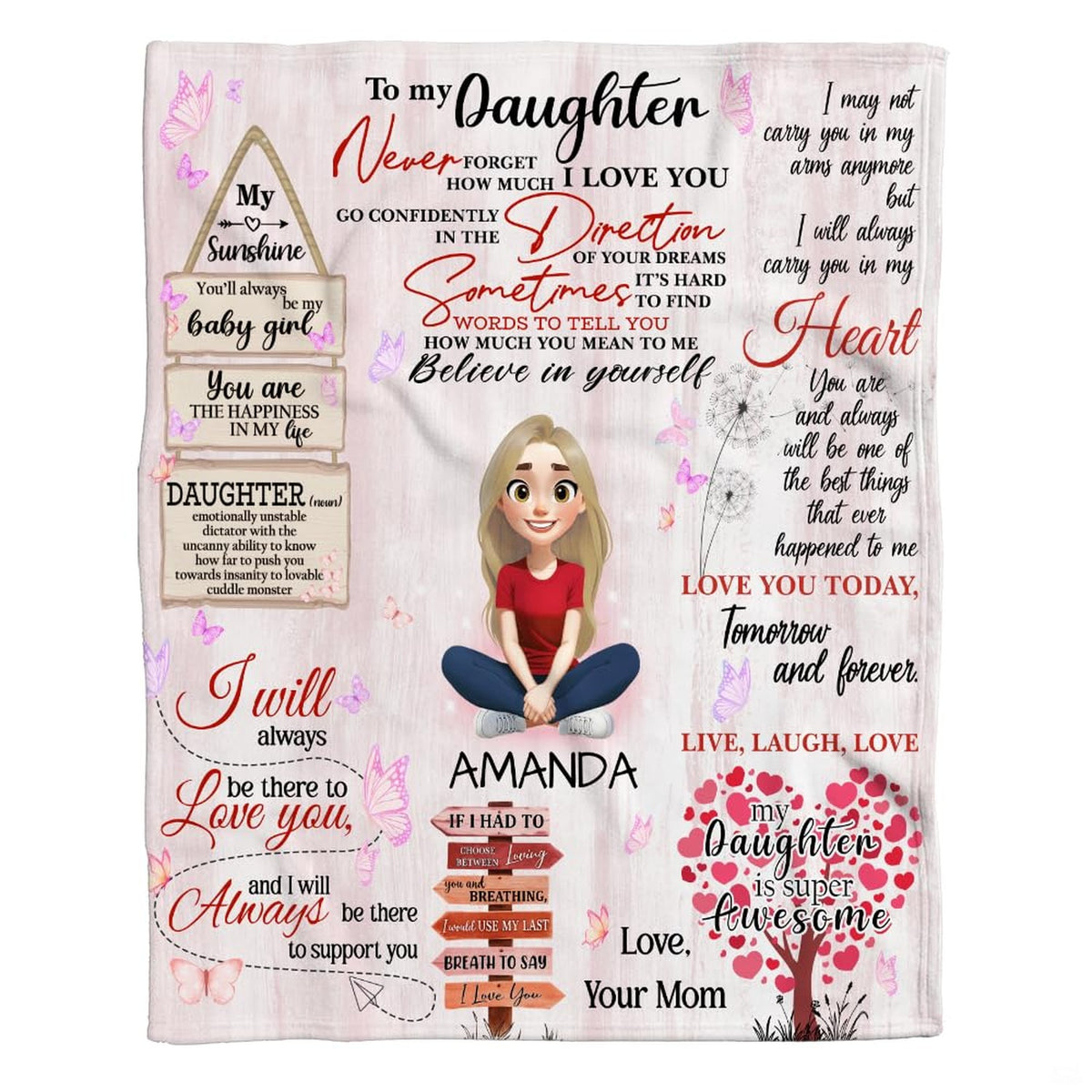 Pastel butterflies throw blanket featuring a cartoon character and heart foliage tree on wood planks.