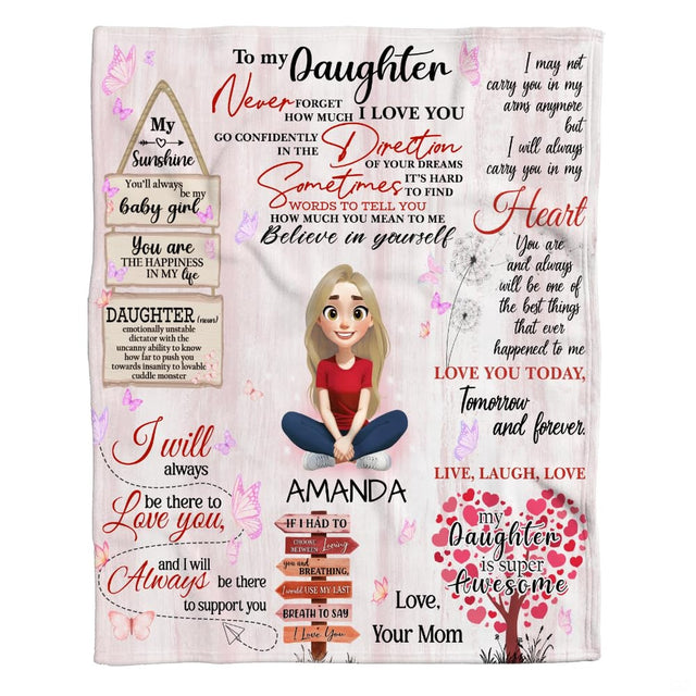 Pastel butterflies throw blanket featuring a cartoon character and heart foliage tree on wood planks.