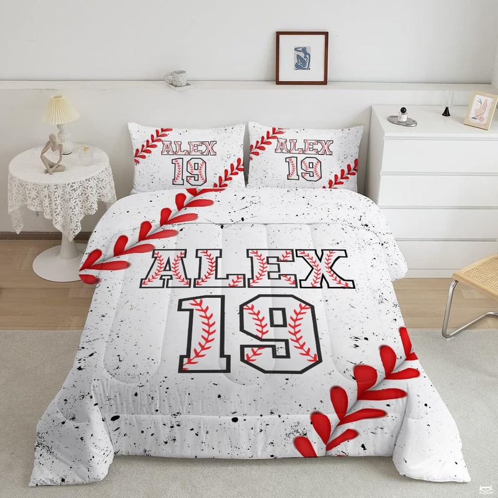 Baseball graphics curved bed set bedding showing red arcs and athletic numerals.