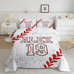 Baseball graphics curved bed set bedding showing red arcs and athletic numerals.
