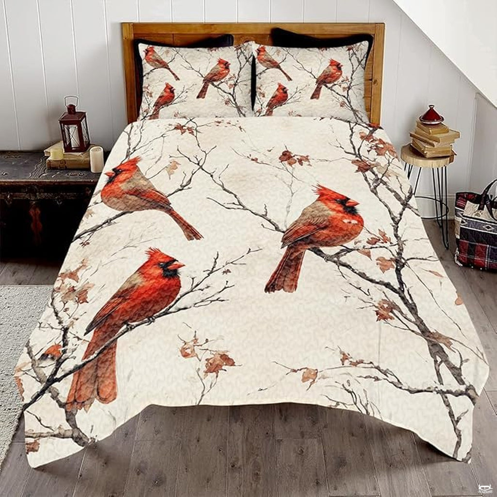 Rustic birch cardinal songbird winter ivory bedding set displayed neatly on a bed in a rustic bedroom