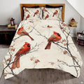 Rustic birch cardinal songbird winter ivory bedding set displayed neatly on a bed in a rustic bedroom