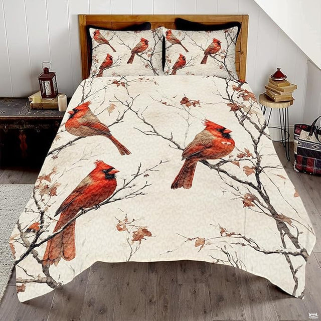Rustic birch cardinal songbird winter ivory bedding set displayed neatly on a bed in a rustic bedroom