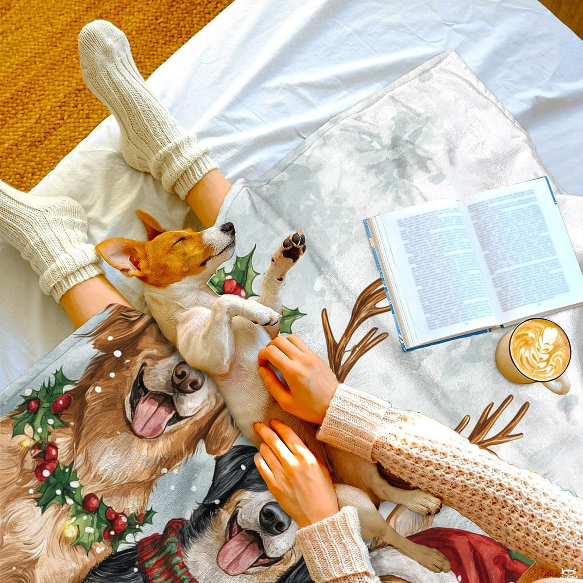 Bedroom styling with Christmas dog bedding featuring holiday pups in a winter snowscape.
