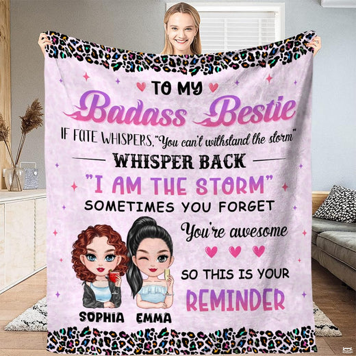 Best friends cartoon illustration with colorful leopard print borders on a pink bedding set display.