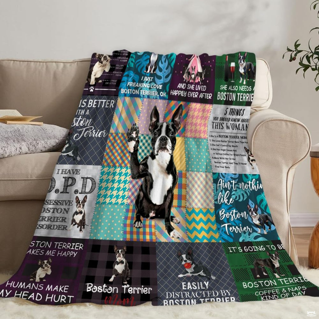 Boston Terrier dog throw blanket view 4 highlighting playful puppy illustrations and colorful pattern panels