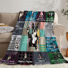 Boston Terrier dog throw blanket view 4 highlighting playful puppy illustrations and colorful pattern panels