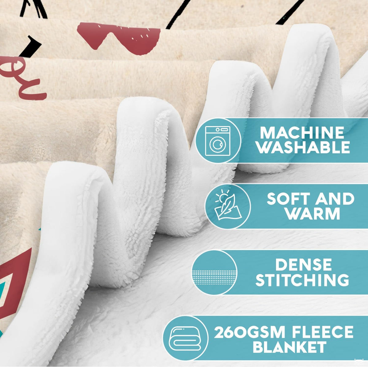 Macro texture display showing reverse pile finish and cleaning guidance badge icons.