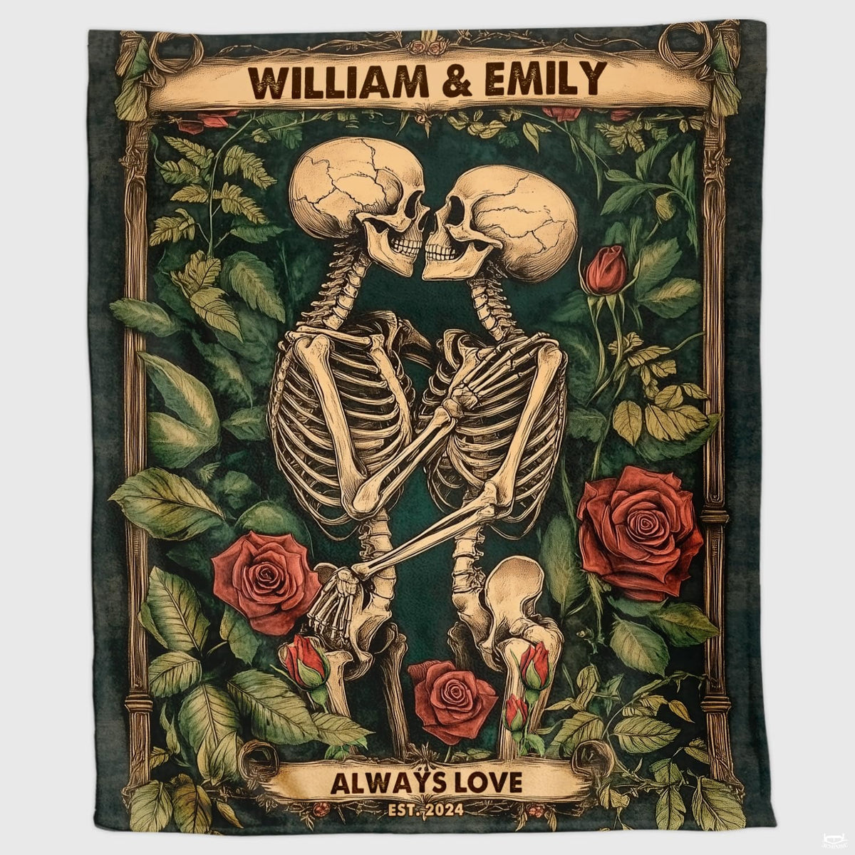 Gothic skeleton couple throw blanket featuring embracing skeletons kissing among red roses.