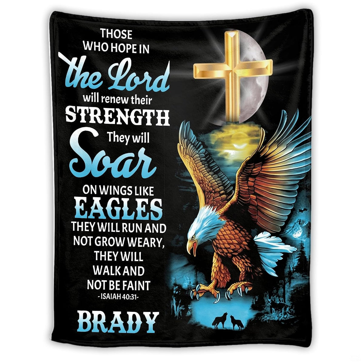 Graphic print showing a golden Christian cross, flying raptor bird, lunar glow, and howling wolves.