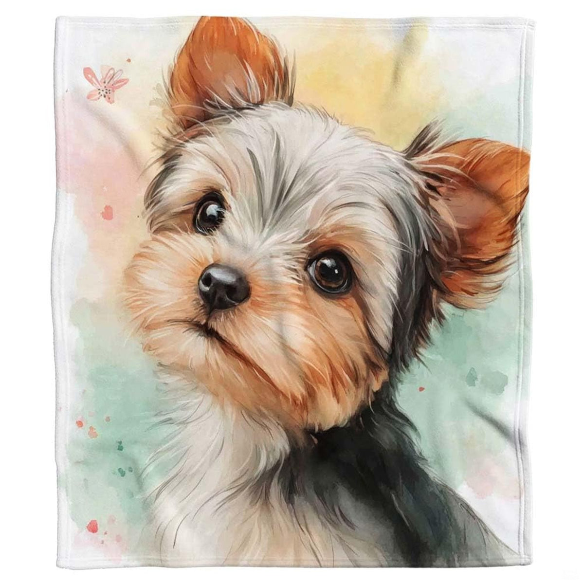 Close-up of sweet Yorkshire Terrier puppy portrait with perked ears and floating floral accents.