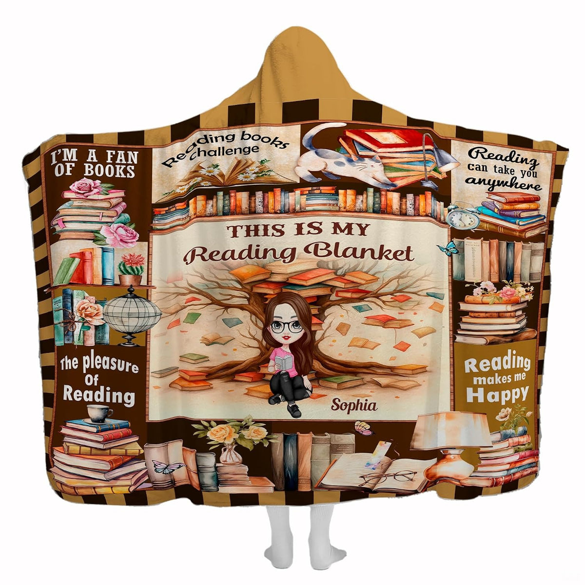 Book lover throw blanket featuring an illustrated reader under a book-leaf tree with library vignettes