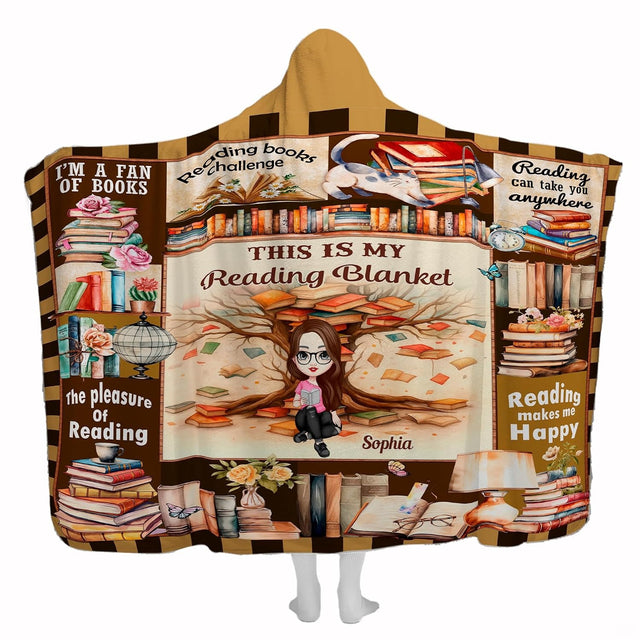 Book lover throw blanket featuring an illustrated reader under a book-leaf tree with library vignettes