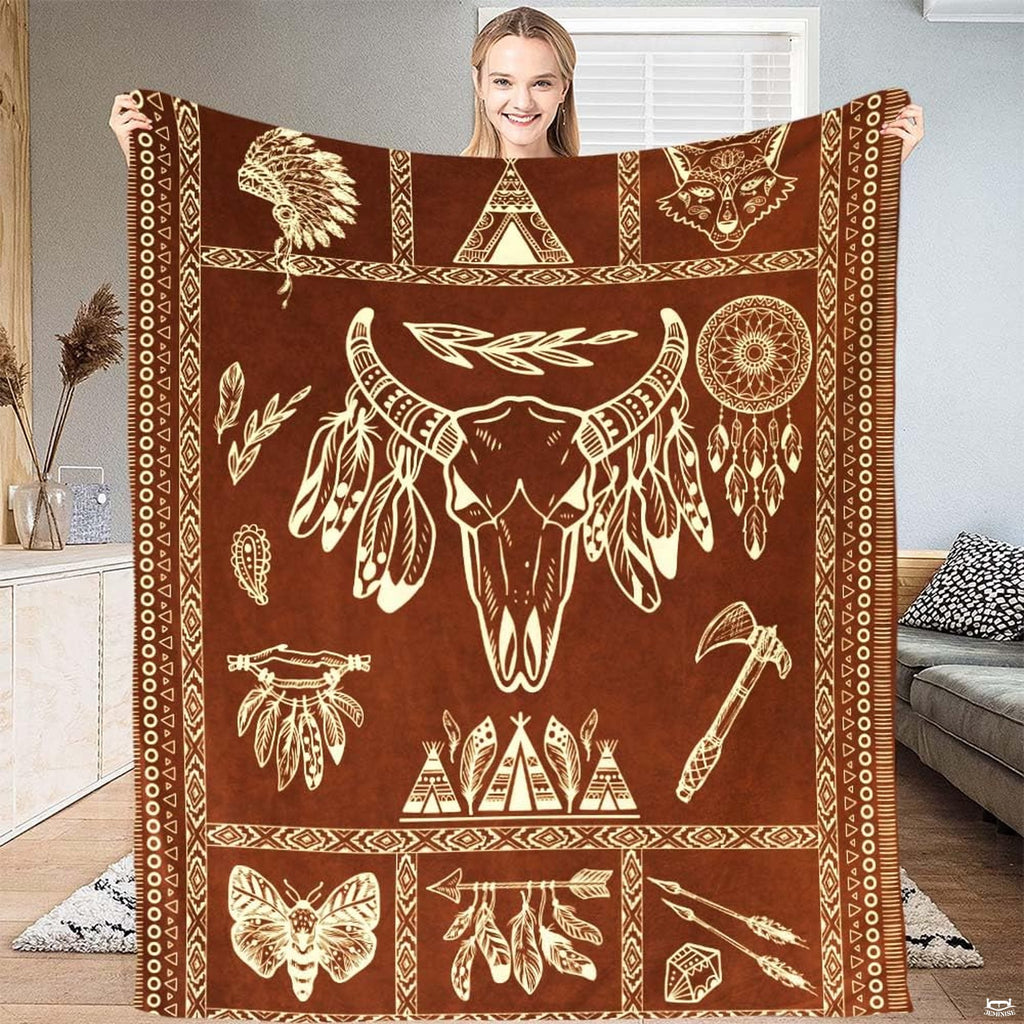 Southwestern steer skull with feathers, dreamcatchers, and geometric tribal borders, view 1.