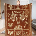 Southwestern steer skull with feathers, dreamcatchers, and geometric tribal borders, view 1.