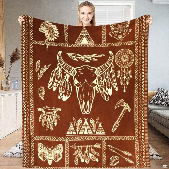 Southwestern steer skull with feathers, dreamcatchers, and geometric tribal borders, view 1.