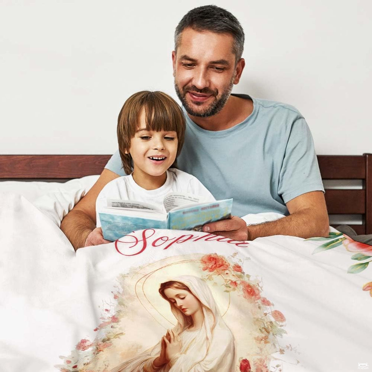 Elegant visual presentation of Blessed Mother praying surrounded by floral rose wreaths for tranquil decor.
