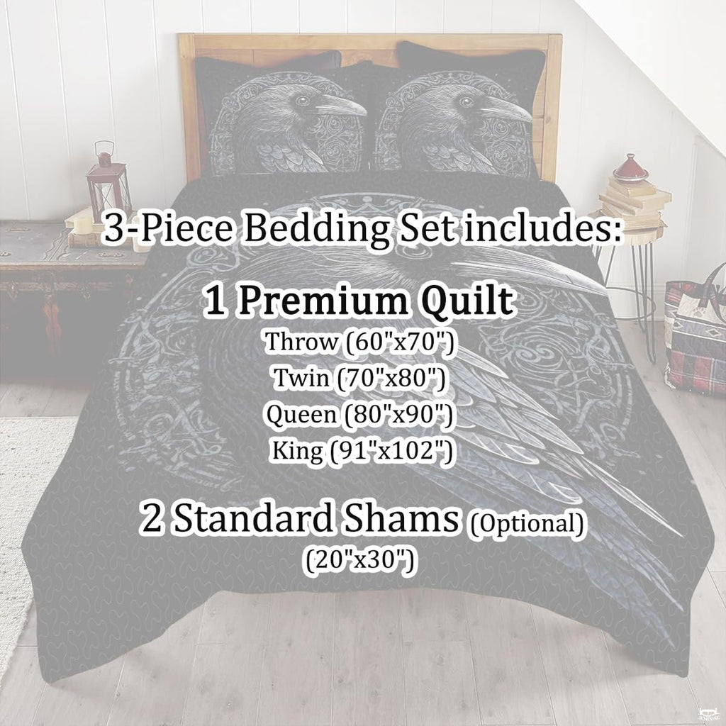 Full bedroom display of silver Viking bedding styled with dark wood furniture and medieval accents