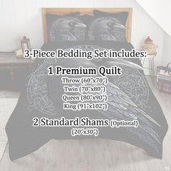 Full bedroom display of silver Viking bedding styled with dark wood furniture and medieval accents