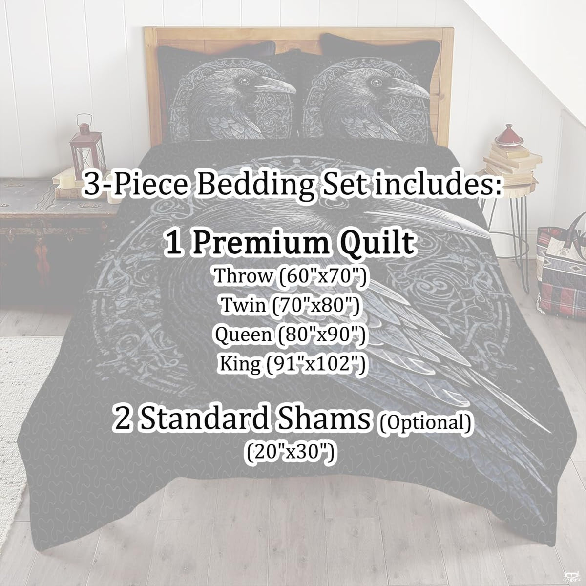 Full bedroom display of silver Viking bedding styled with dark wood furniture and medieval accents