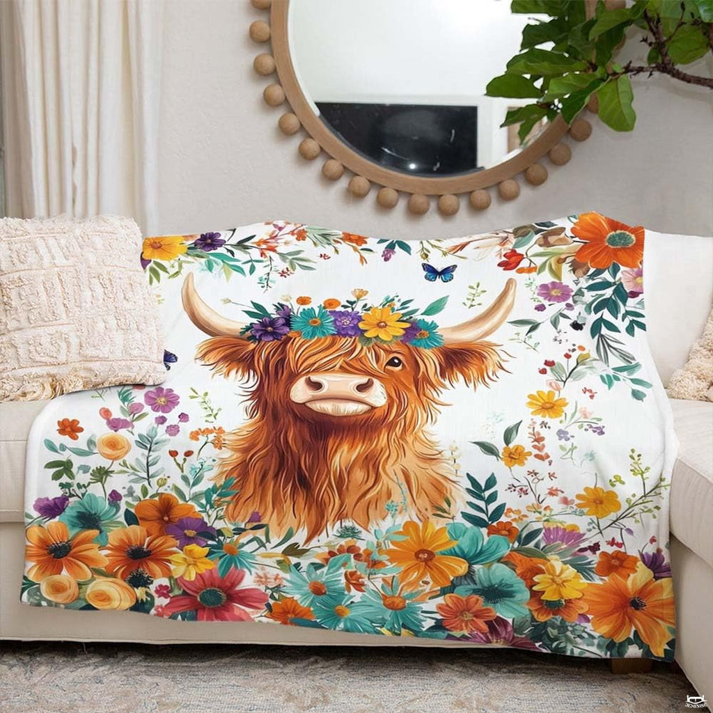 Bedroom styled with botanical garden Highland cow throw blanket displayed across rustic bedding