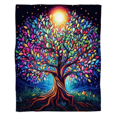 Vibrant tree of life artwork motif on bedding set with glowing golden sun