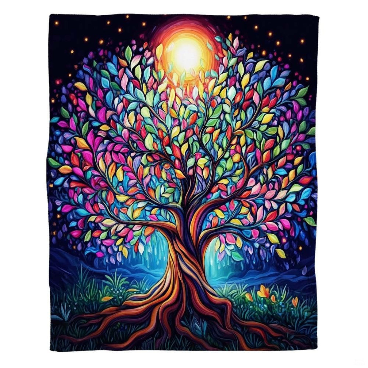 Vibrant tree of life artwork motif on bedding set with glowing golden sun