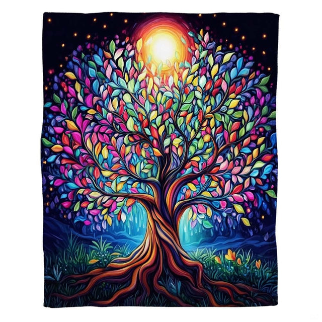 Vibrant tree of life artwork motif on bedding set with glowing golden sun