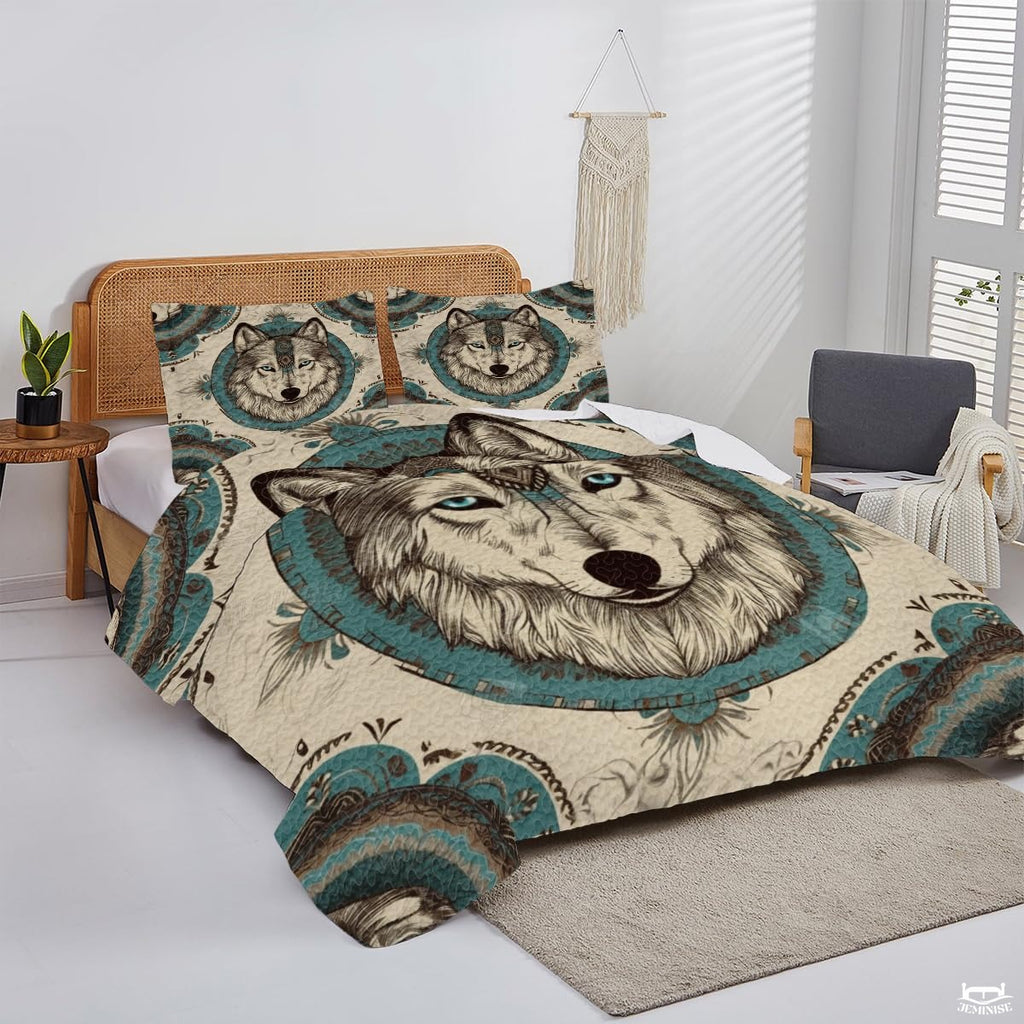 Custom Native American Inspired Wolf Head Inside Circular Frame Comforter