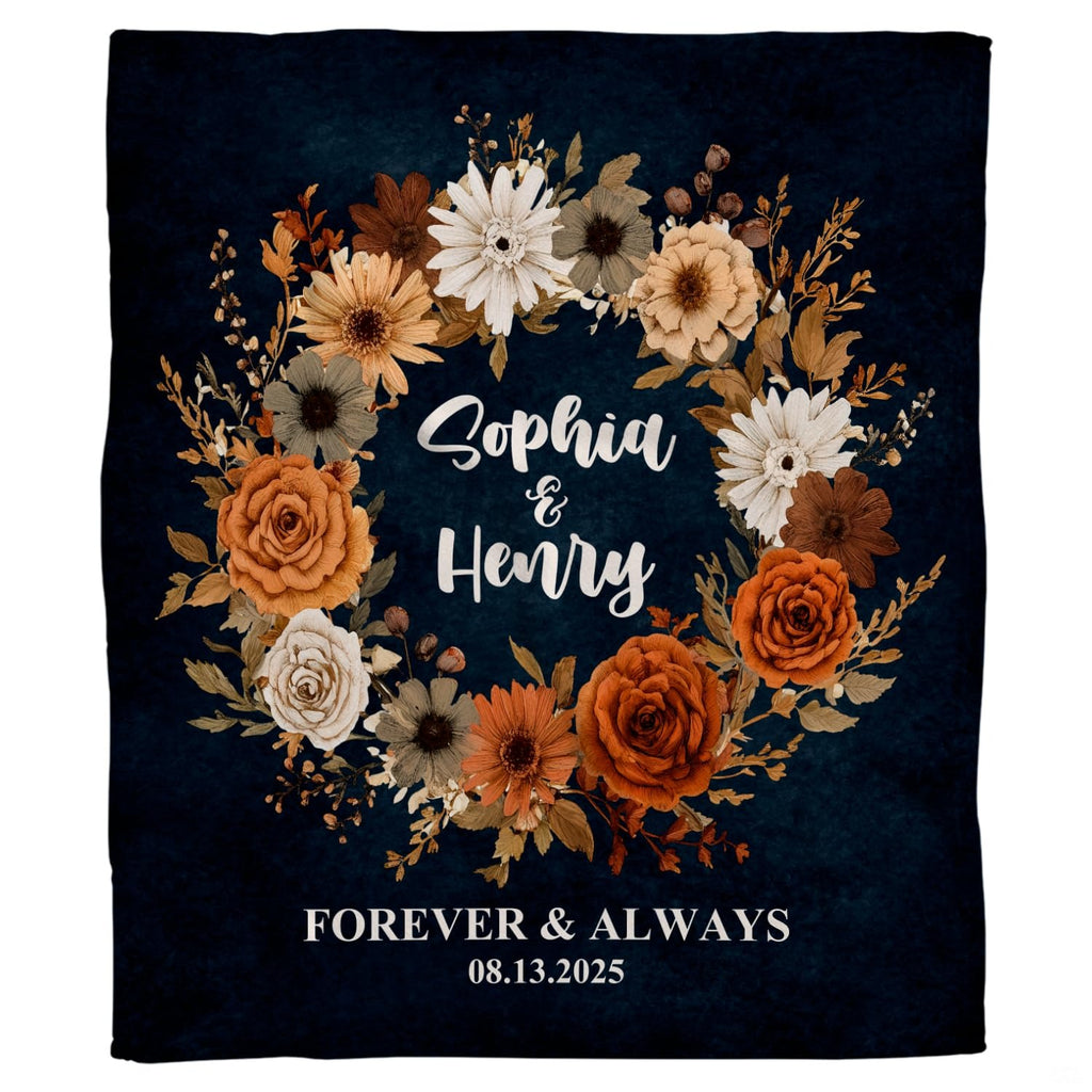 Flat display of autumn floral wreath navy throw blanket showing complete round garland illustration