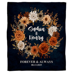 Flat display of autumn floral wreath navy throw blanket showing complete round garland illustration