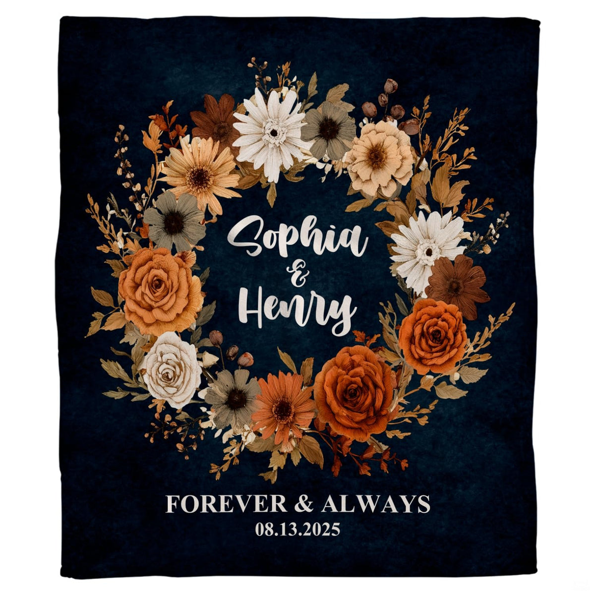 Flat display of autumn floral wreath navy throw blanket showing complete round garland illustration