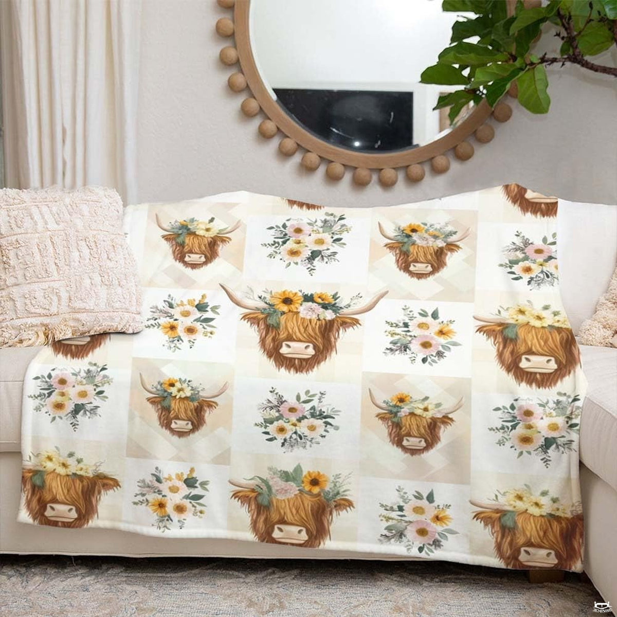 Repeating grid pattern of Highland cows in flower crowns and botanical bouquets on gingham, view 5.